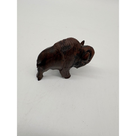 Hand Carved Wooden Bison Buffalo Figurine Rustic Wildlife Wood Sculpture 3 inch - Picture 3 of 10